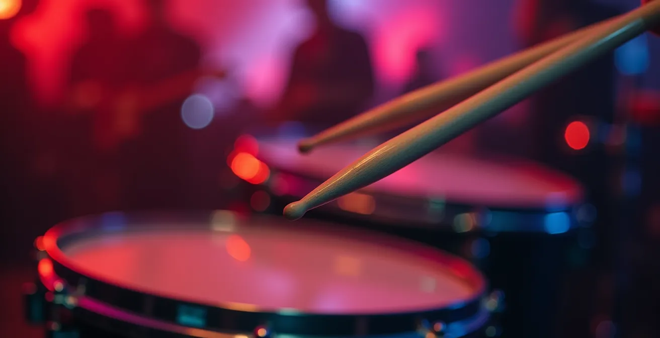 Gros plan sur une paire de baguettes de batterie tenues avec énergie au-dessus d'une batterie acoustique, ambiance rock dynamique